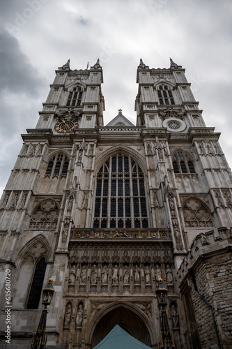 Facade of Westminster Abbey in London.