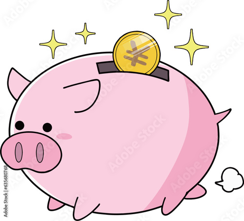 円コインが入るシンプルで可愛い、走ってる豚の貯金箱　イラスト　貯蓄　お小遣い