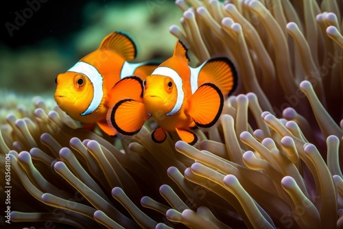Coral reef in South Pacific off the coast of the island. Colorful Clownfish hiding in their host anemone on a tropical coral reef © Neda Asyasi