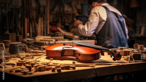 dedicated violin maker crafting a violin in a quiet workshop generative ai