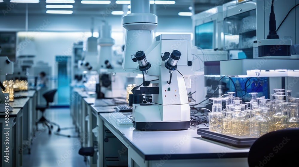 Naklejka premium professional biologist observing samples under a microscope in a lab generative ai