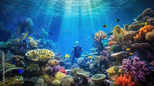professional deep-sea diver exploring a coral reef generative ai