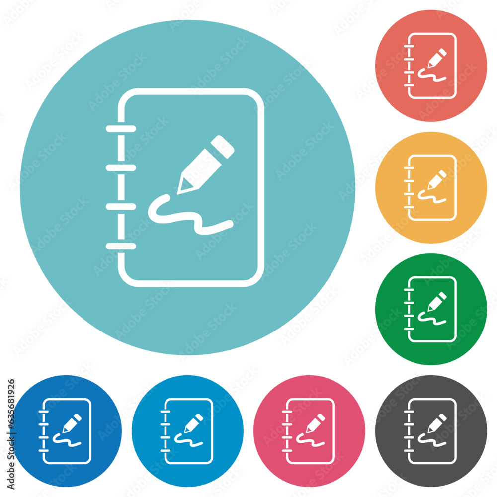 Spiral notepad with drawing outline flat round icons