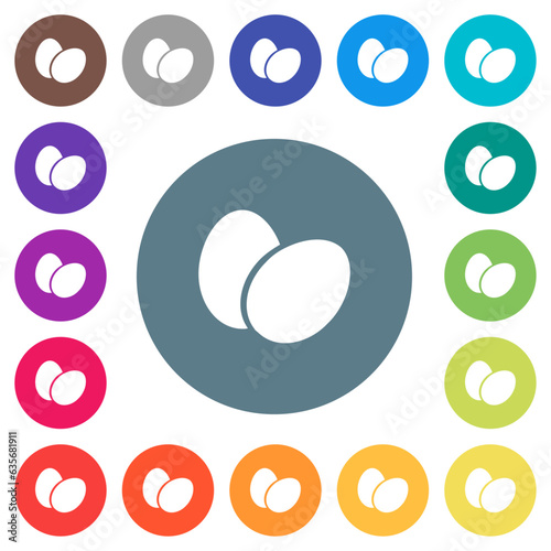 Two eggs solid flat white icons on round color backgrounds
