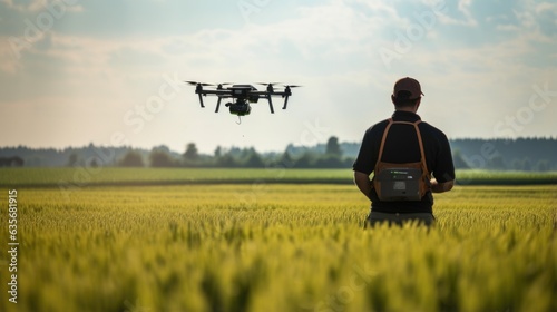 professional drone operator controlling a drone in a field, generative ai photo