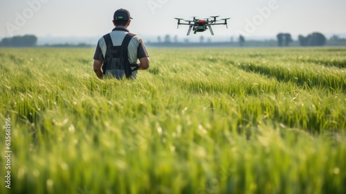 professional drone operator controlling a drone in a field, generative ai