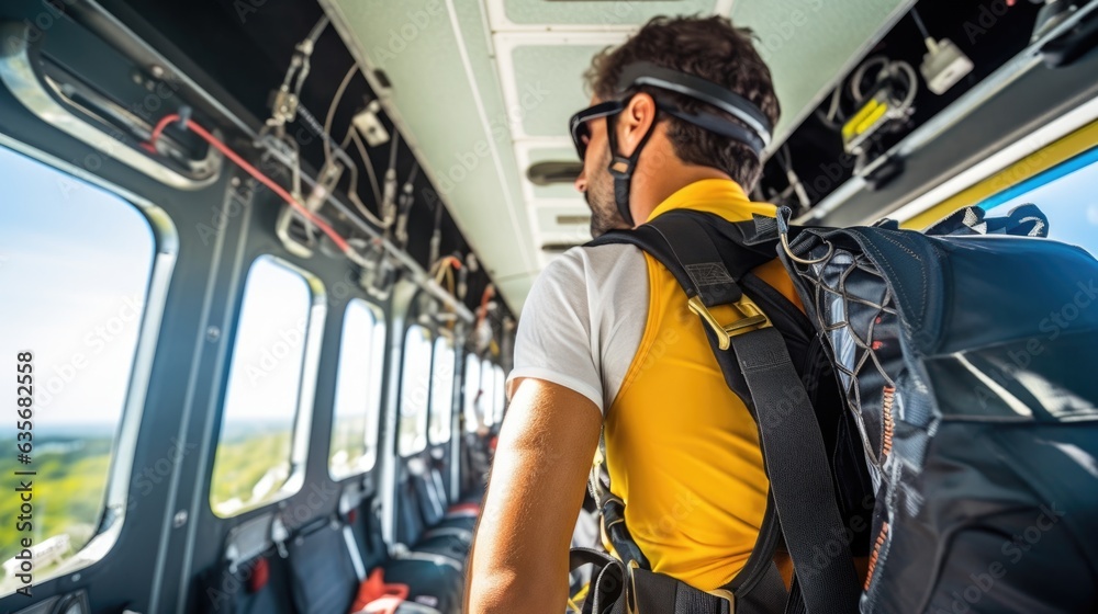 skydiver preparing for a jump in an airplane, generative ai skydiver preparing for a jump in an airplane, generative ai