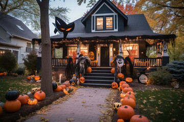House decorated for Halloween with pumpkins and webs, witches and ghosts, generative AI