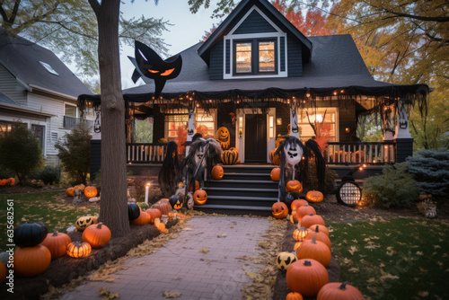 House decorated for Halloween with pumpkins and webs, witches and ghosts, generative AI