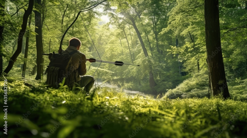 skilled archer drawing a bow in a quiet forest generative ai