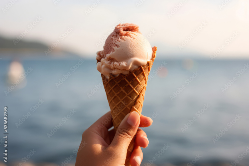 Fototapeta premium Female hand holding an ice cream cone, social media style photo, food and travel destination concept, generative AI