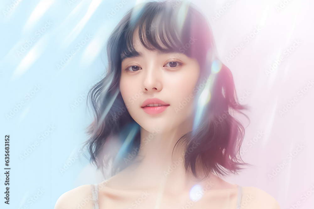 Close-up portrait of young woman hyper realistic portrait in positive view, beautiful model posing in studio over effect pastel background. Generative AI.