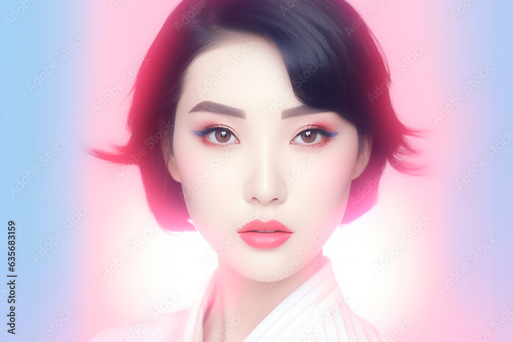 Close-up portrait of young woman hyper realistic portrait in positive view, beautiful model posing in studio over effect pastel background. Generative AI.