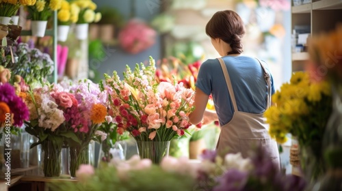 florist arranging a bouquet in a bright flower shop generative ai © ThisDesign