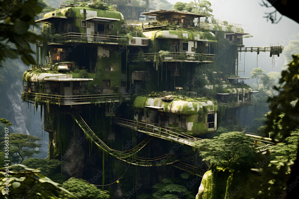 Post-apocalyptic dwellings that ingeniously blend survival and innovation. green energy. dwellings in the jungle. close-up view. photorealistic. future architechture green. 