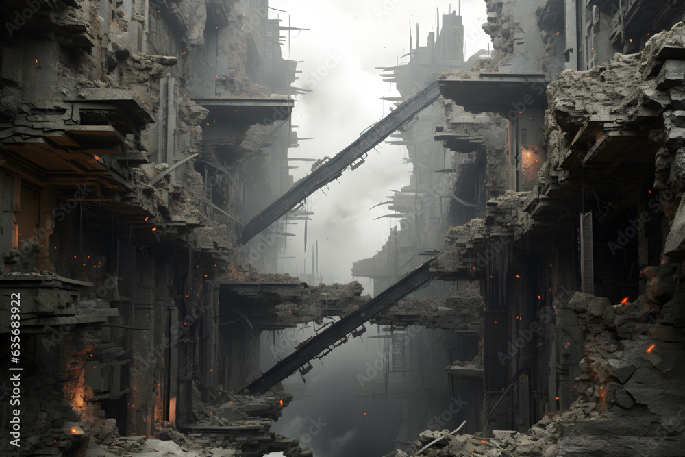 seamlessly integrates architectural elements into a haunting depiction ...