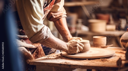 potter shaping clay on a wheel in a cozy studio, generative ai