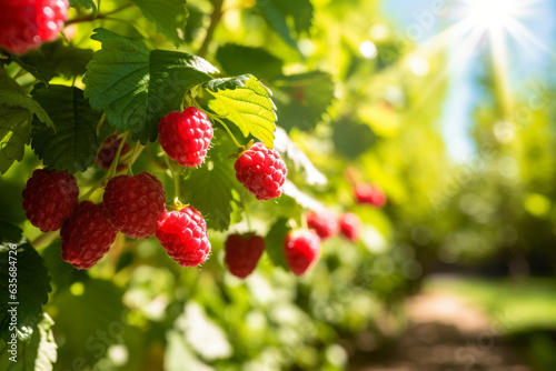 Raspberry plant with ripe red raspberries outside on sunny day in an orchard  generative AI