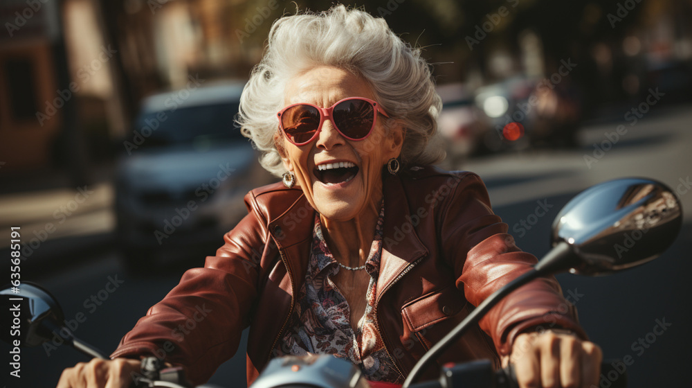 Photorealistic concept of one elderly woman, riding a motorcycle in summer, having fun in the city