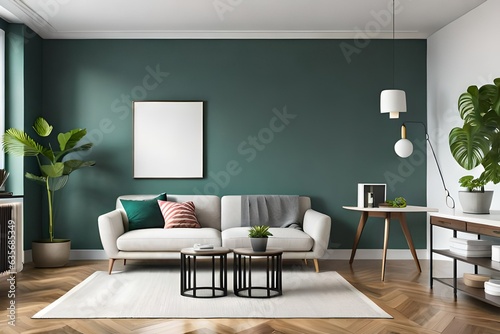 Home interior mock up poster with vertical metal frame  potted plant and lamp on green wall background. Hodern living room.