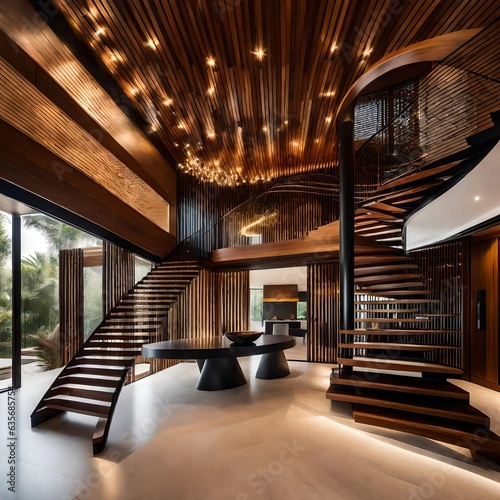 interior of a room, modern living room, Interior design of modern entrance hall with staircase in villa.