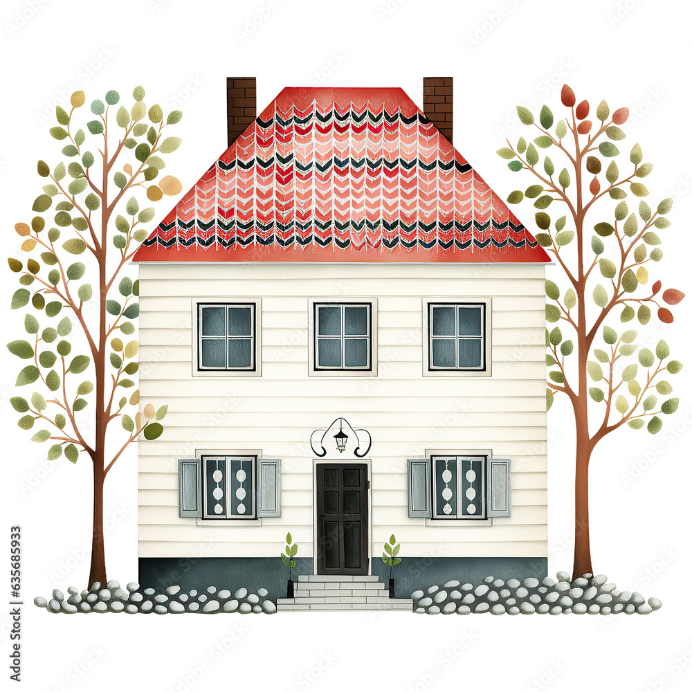 Fototapeta premium Watercolor Cozy Nordic house Christmas Clipart Illustraiotn