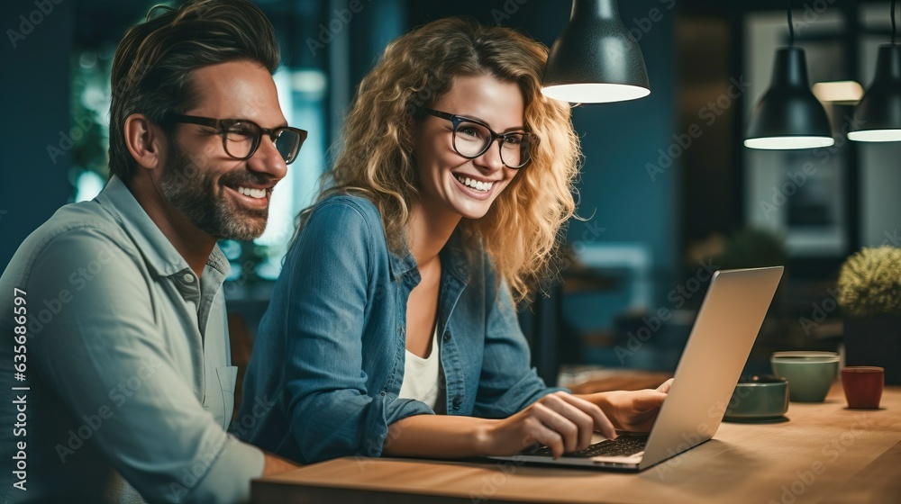 Man and woman working together with a laptop, generative ai Man and woman working together with a laptop, generative ai