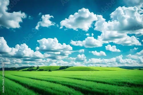 beautiful scene of green field and blue sky white clouds 
