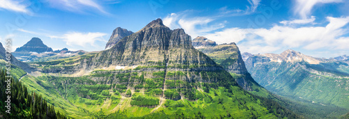View from Highline trail of Logan creek valley in Glacier National Park, Montana with Reynolds mountain (left), Clements mountain, Mount Oberlin and Mount Canon (middle) and Heavens Peak (right)