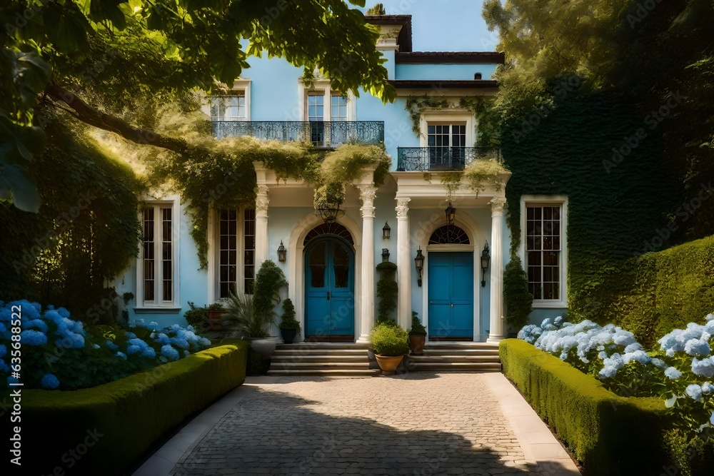 house in the night, white house with flowers in the foreground, House exterior in light blue