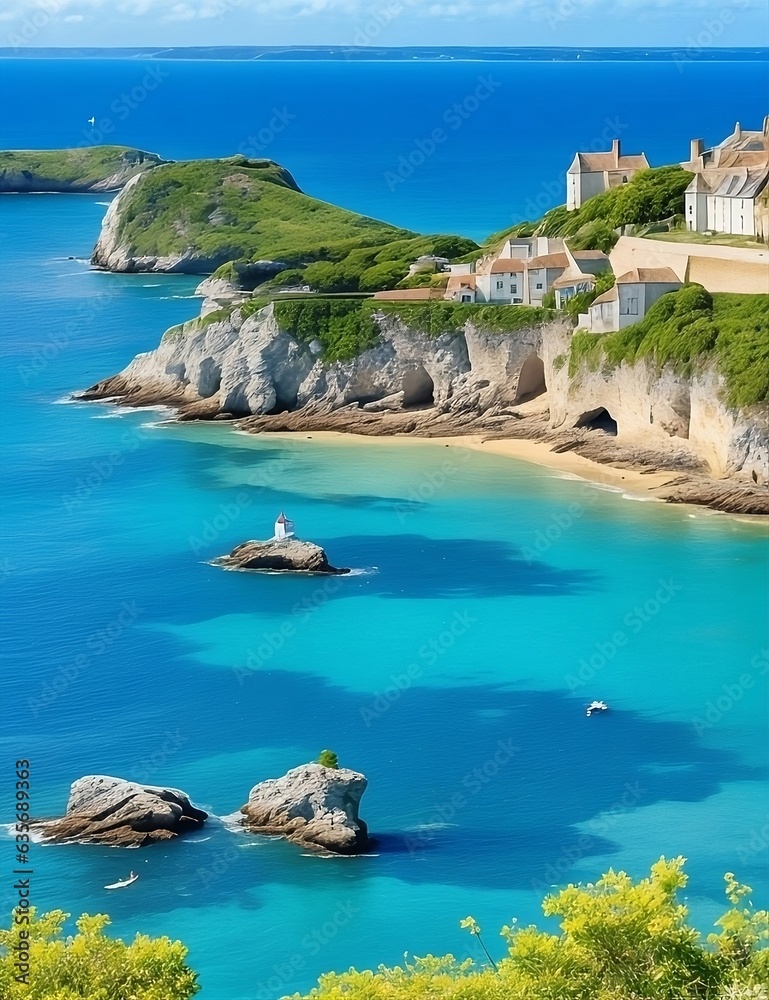 The blue sea with lovely shores and much to admire. There are islands with playful white-stone houses and excellent vacation spots.