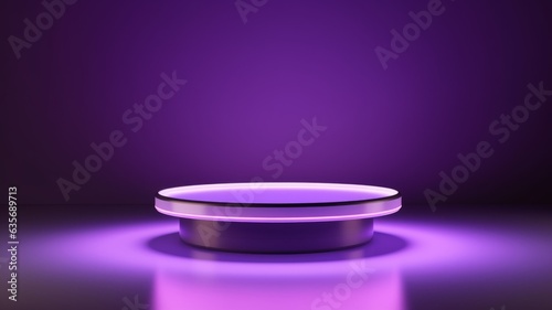 Violet LED Abstract Minimalistic Product Podium. The Scene for Product Presentation. 3D Room with Geometric Platform Stage Pedestal. Ai Generated Podium Mockup for a Product advertisement.