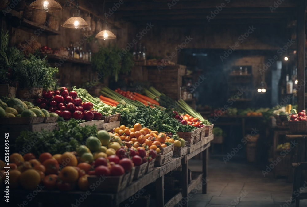 Rustic market stand with fruits and vegetables