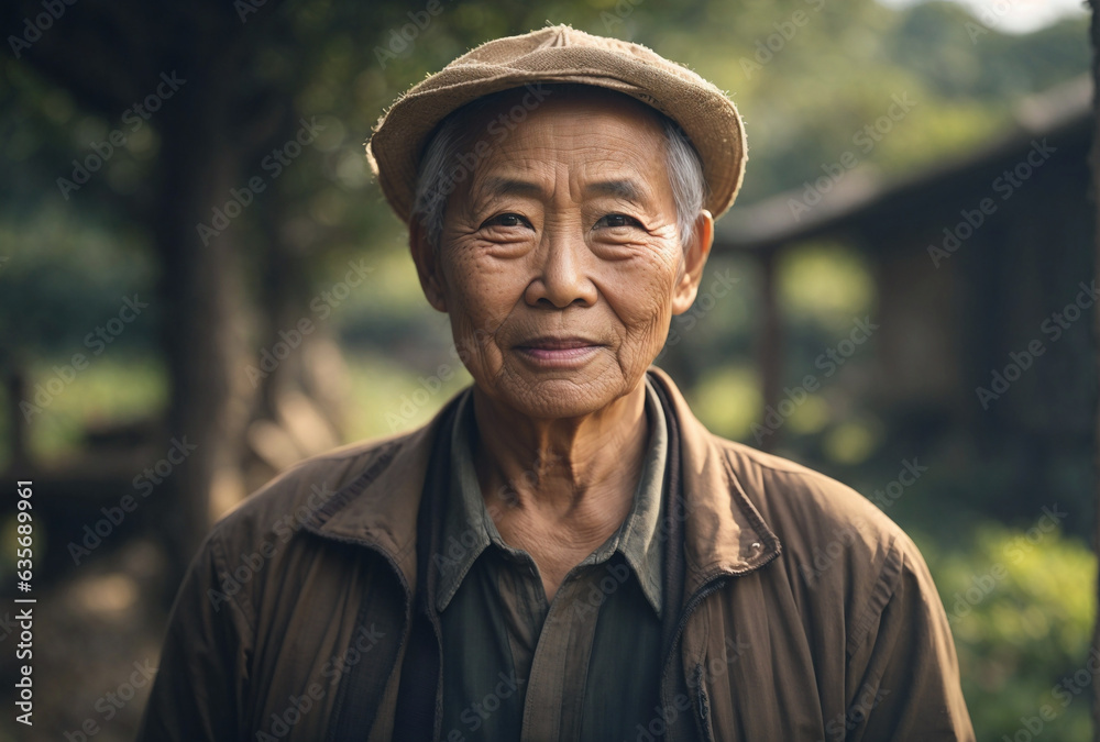 An old man wearing a brown hat and jacket is smiling An old man wearing a brown hat and jacket is smiling