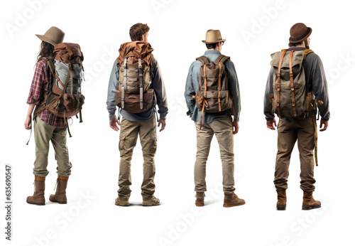 Set of Young traveler wearing a hat with backpack hiking outdoor Travel Lifestyle and Adventure traveler with backpack full body back view on transparent background