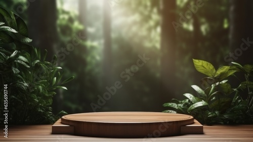 Wooden Teak Abstract Minimalistic Product Podium. The Scene for Product Presentation. 3D Room with Geometric Platform Stage Pedestal. Ai Generated Podium Mockup for a Product advertisement.