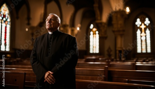 Faithful priest praying in catholic church, devoted prayer