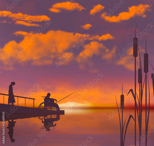 A man in a wheelchair fishes on a handicapped accessible fishing ramp on a lake at sunset. This is a 3-d illustration about  facilities to accomodate people with disabilities. photo