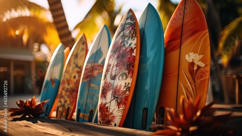 Close-up view of several colorful bright surfboards lying on the wall at the beach.  photo