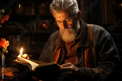 person reading a book in fire place