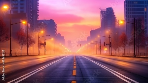 A dramatic foggy or misty road with colorful light from traffic cars through city in the morning sunrise.  