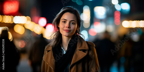 30-year-old woman, professional, photograph from the front, on a blurred background of a busy street at night