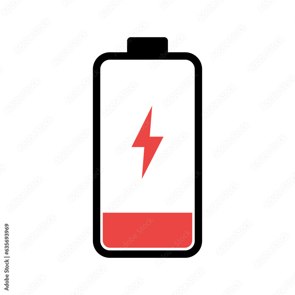 Low battery level icon vector isolated on white, red battery isolated, flat trendy style low battery icon vector illustration. Low battery level icon vector isolated on white, red battery isolated, flat trendy style low battery icon vector illustration.
