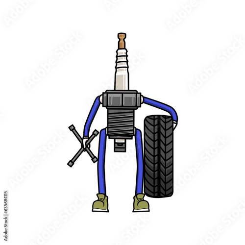 Cartoon character of spark plug working as mechanic. Tire service concept illustration. 