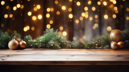 Empty wooden table with christmas theme in background