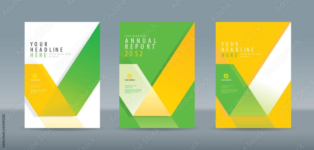 Modern folding ribbon theme book cover template in white, green, yellow color. A4 size book cover template for annual report, magazine, booklet, proposal, portfolio, brochure, poster