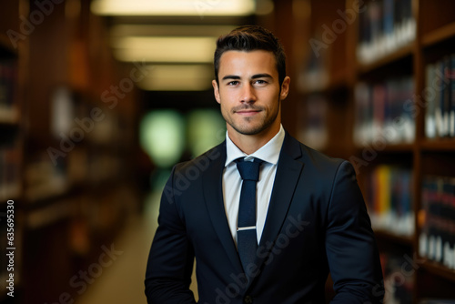 A Confident and Ambitious Entrepreneur in a Majestic Library Setting, Surrounded by Knowledge and Success