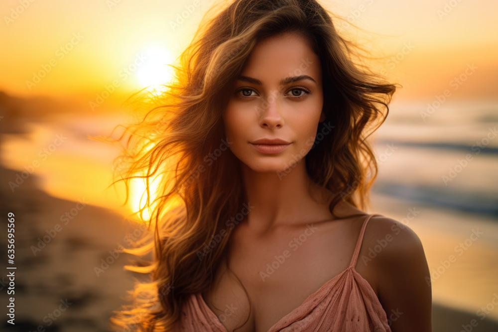 A Mesmerizing Sunset Serenade: A Beautiful Woman with Enchanting Brown Hair, Collarbone Glistening in the Golden Hour, Captivatingly Gazing at the Viewer, as Waves Caress the Tranquil Seashore
