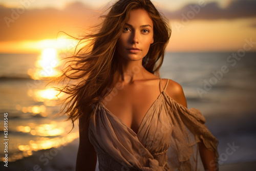 A Captivating Vision: A Tranquil Woman with Ethereal Beauty, Standing Solo on the Beach, Her Long Brown Hair Blowing in the Wind as the Radiant Sunset Paints the Horizon