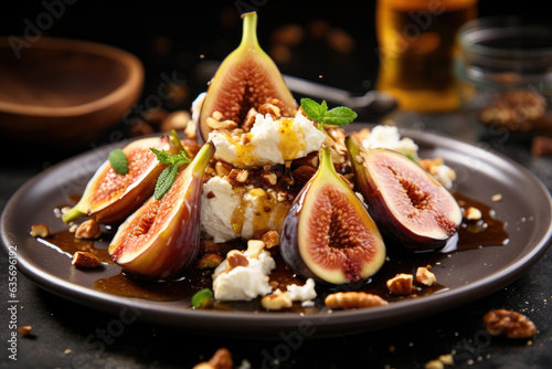 A fig filled with goat cheese and nuts and drizzled with honey